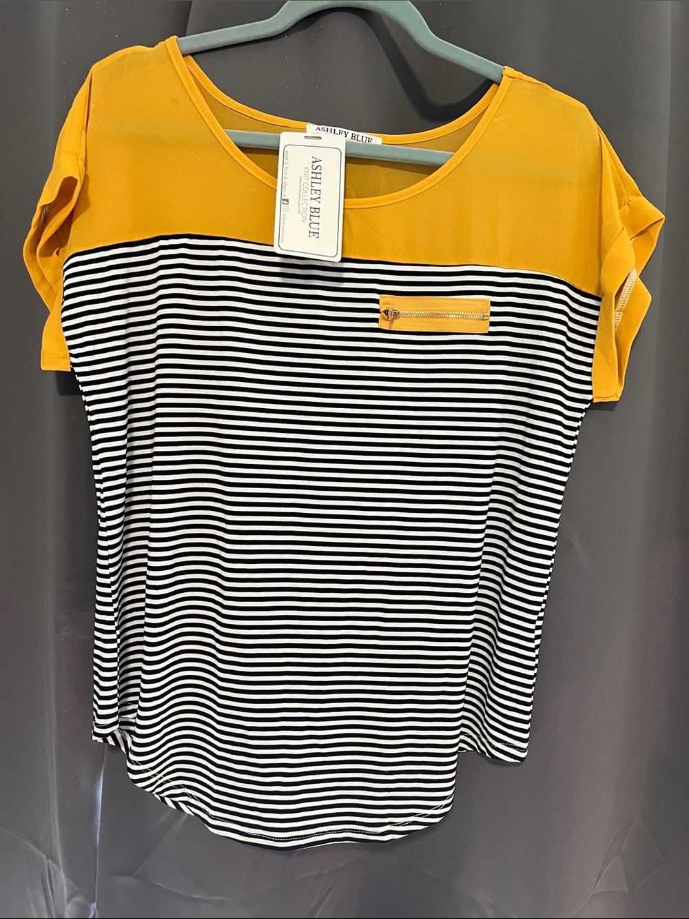 Ashley Blue Yellow & Black Striped Short Sleeve Top